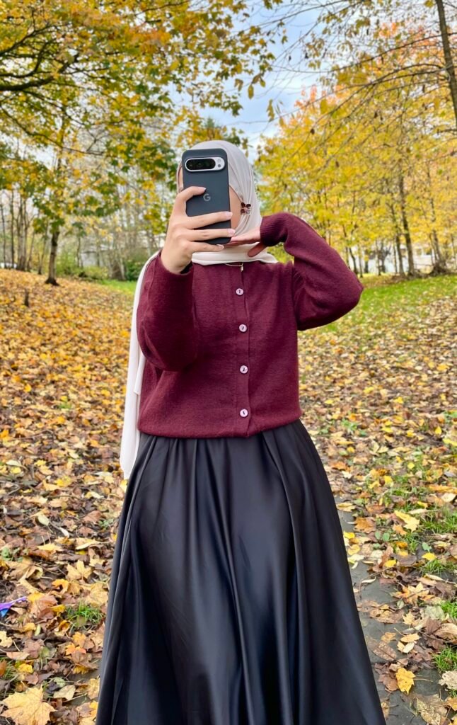 maroon cardigan silk black skirt