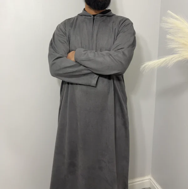 Premium Hooded Suede Thobe Grey