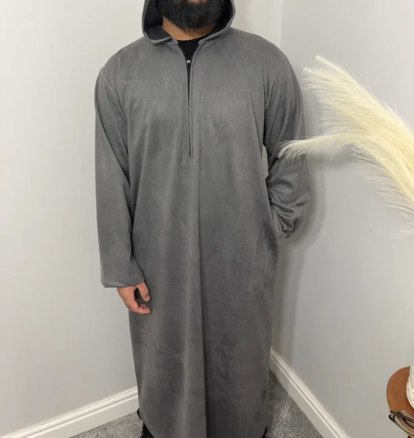 Premium Hooded Suede Thobe Grey