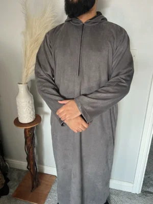 Premium Hooded Suede Thobe Grey