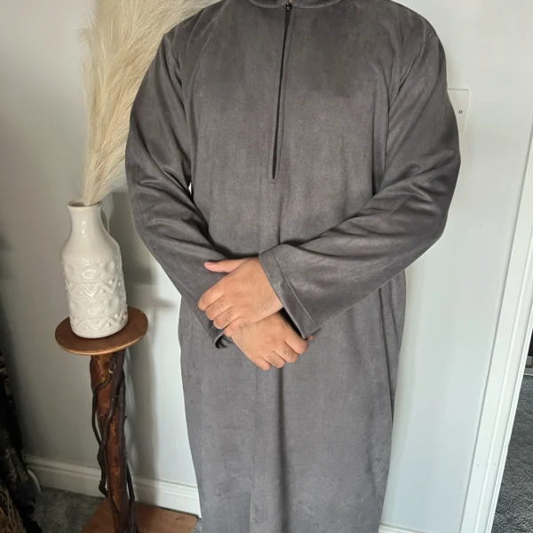 Premium Hooded Suede Thobe Grey