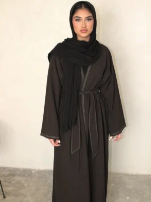 Dark Brown Contrast Stitch Open Abaya