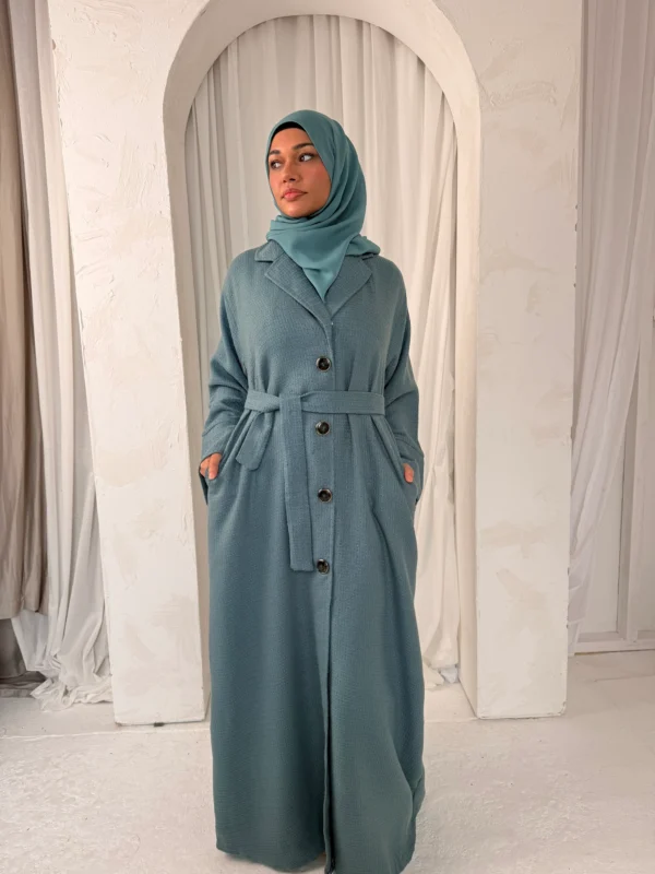 Tweed Button-Front Abaya Coat with Belt & Matching Hijab