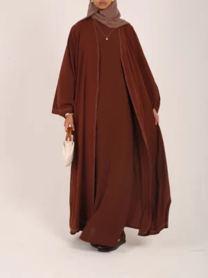Brown Contrast Stitch Dubai Fabric Open Abaya