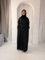 Tweed Button-Front Abaya Coat with Belt & Matching Hijab