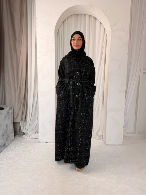 Tweed Button-Front Abaya Coat with Belt & Matching Hijab