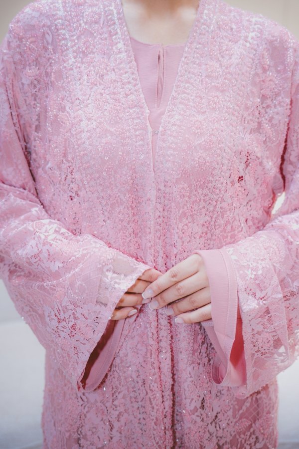 Luxury Lace Beaded Abaya Set with Inner Dress & Matching Hijab. Wedding Edition