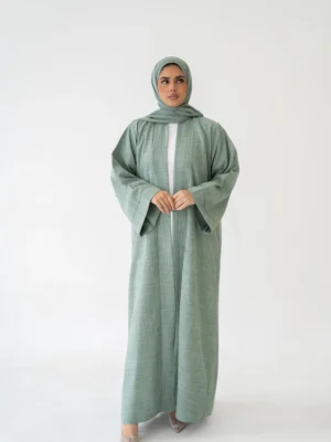 3 Piece Linen Abaya Set – Breathable Button Abaya Full Set