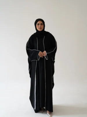 Black Abaya with White Piping – 3‑Piece Modest Set