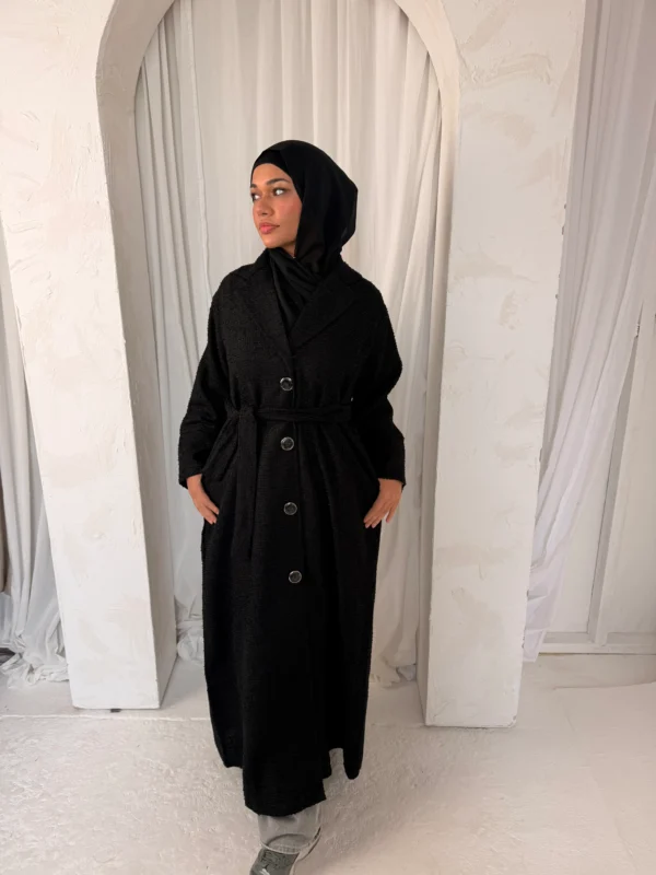 Tweed Button-Front Abaya Coat with Belt & Matching Hijab