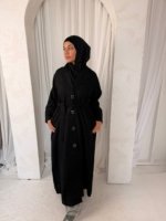 Tweed Button-Front Abaya Coat with Belt & Matching Hijab
