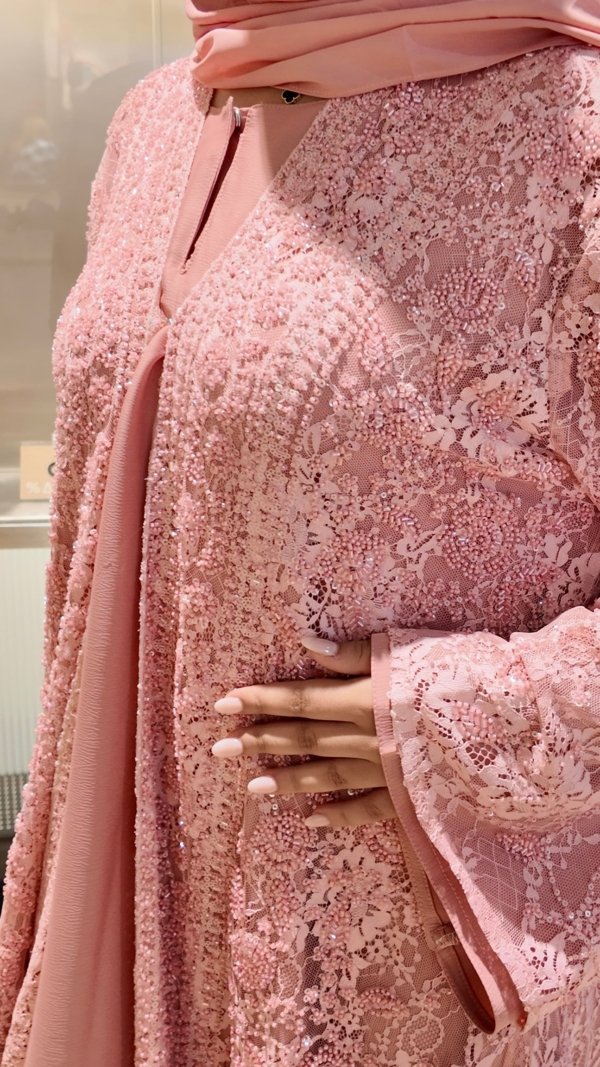 Luxury Lace Beaded Abaya Set with Inner Dress & Matching Hijab. Wedding Edition