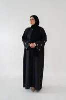 Flower Sleeve Black Abaya – Elegant Floral Detail Modest Wear
