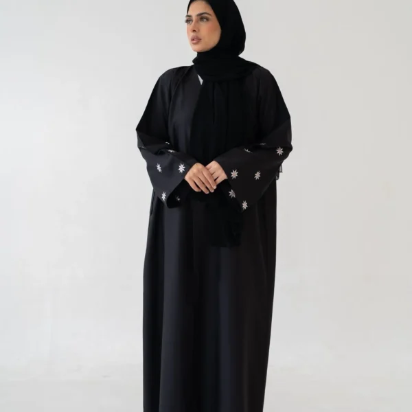 Flower Sleeve Black Abaya – Elegant Floral Detail Modest Wear