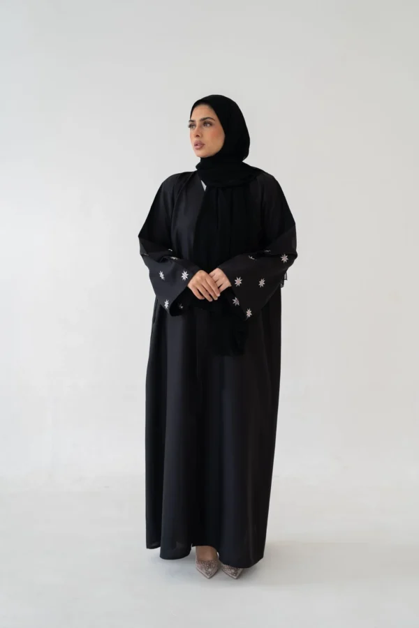 Flower Sleeve Black Abaya – Elegant Floral Detail Modest Wear