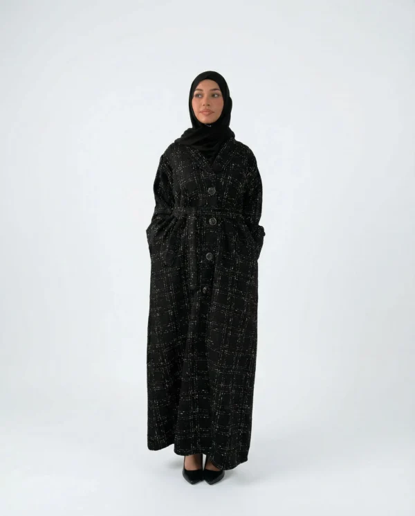 Tweed Button-Front Abaya Coat with Belt & Matching Hijab