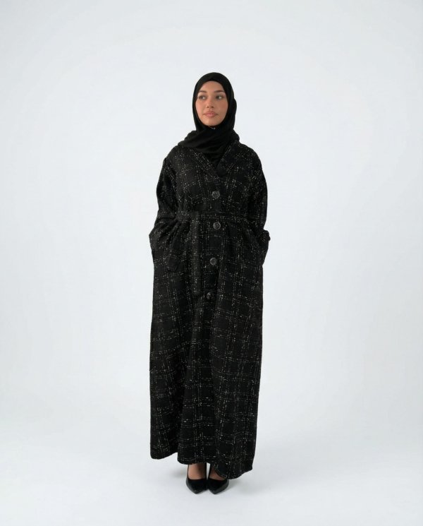 Tweed Button-Front Abaya Coat with Belt & Matching Hijab