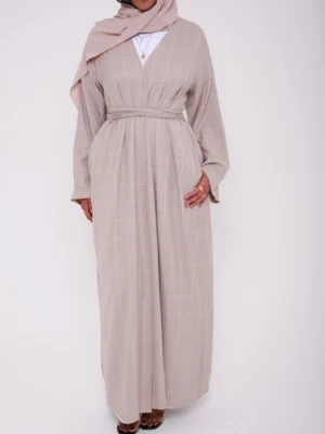 Beige Square Grid Open Abaya