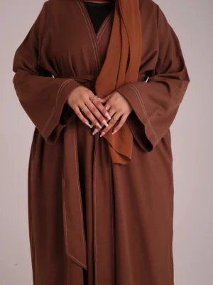 Brown Contrast Stitch Open Abaya