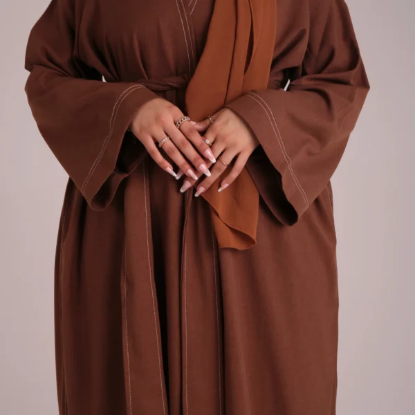 Brown Contrast Stitch Open Abaya