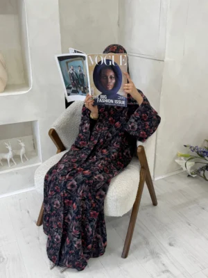 Black Printed Floral Abaya Set