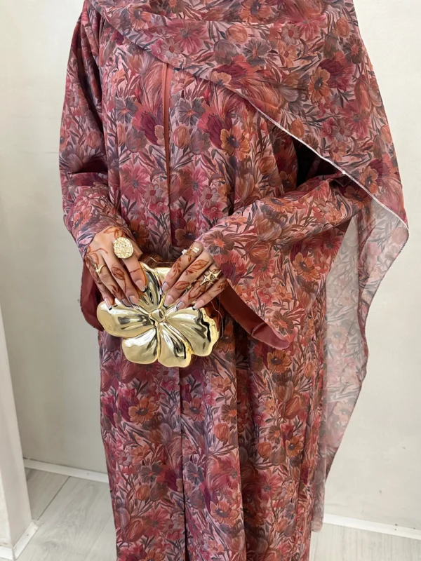 Pink Printed Floral Abaya Set